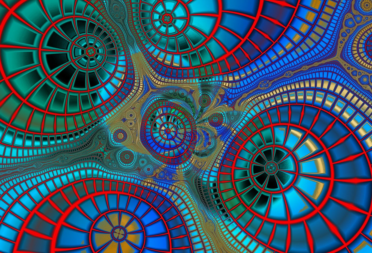 a computer generated image of blue and red circles, digital art, inspired by Gaudi, cogs and springs and jewels, intricate biopunk patterns, colorful glass art, swirling scene