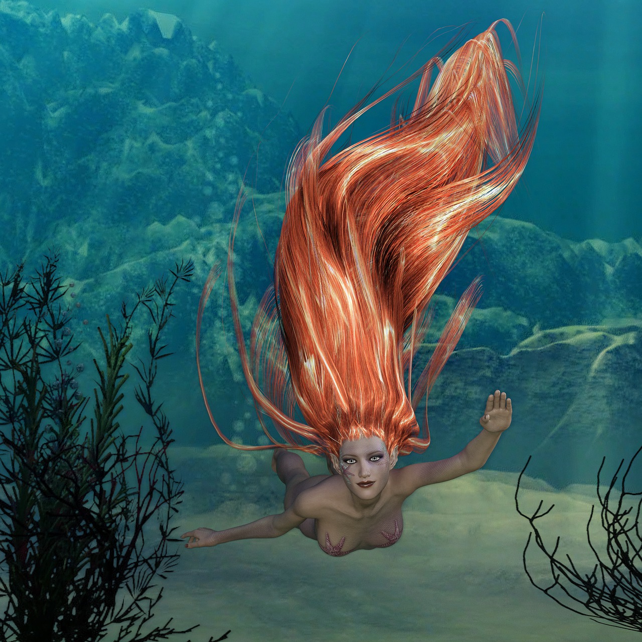 a woman with long red hair swimming under water, a digital rendering, by Darrell Riche, pixabay contest winner, sea dragon, modeled in poser, leeloo, windy floating hair!!