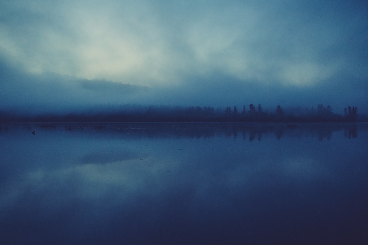 a large body of water under a cloudy sky, a picture, unsplash, minimalism, mystical blue fog, dark forest shrouded in mist, mirror reflection, early morning mood