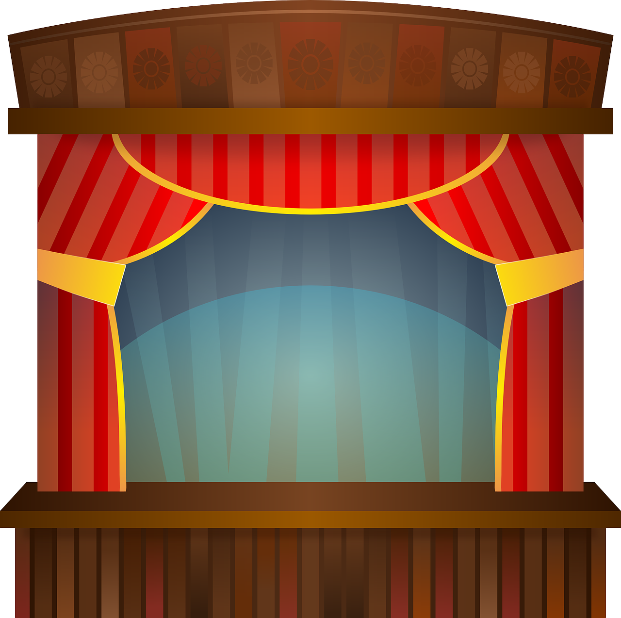 a stage with a red and yellow curtain, an illustration of, naive art, exciting illustration, illustration, tabernacle deep focus, wooden