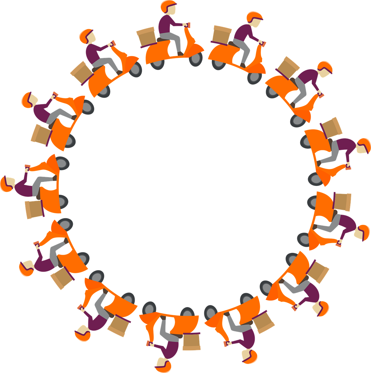 a group of people riding scooters around a circle, by Paul Bird, trending on pixabay, conceptual art, movie clockwerk orange, delivering packages for amazon, on black background, in a circle