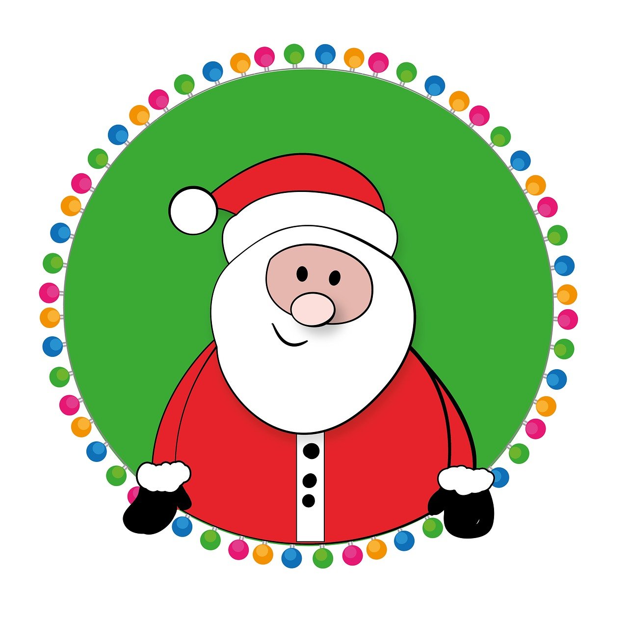 a picture of a santa clause in a circle, full color illustration, christmas lights, cartoon style illustration, clipart