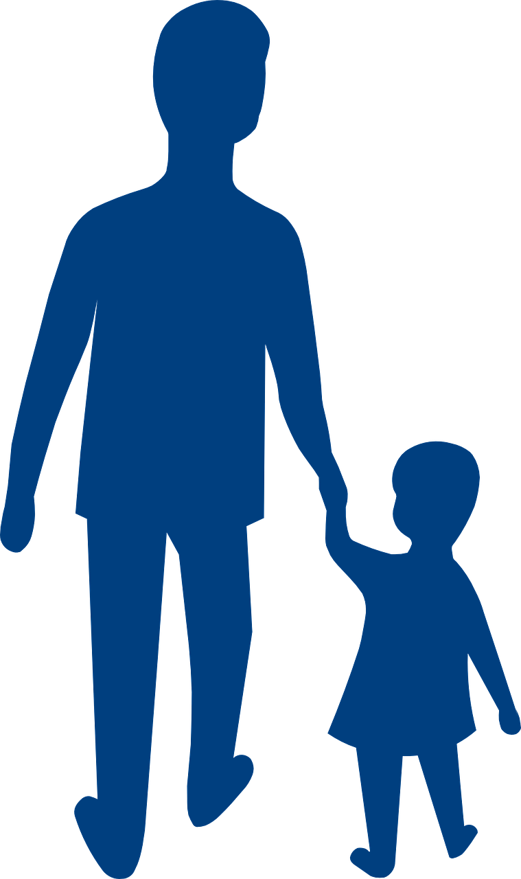 a silhouette of a man holding a child's hand, a cartoon, royal-blue, entire person visible, full image, zoomed out
