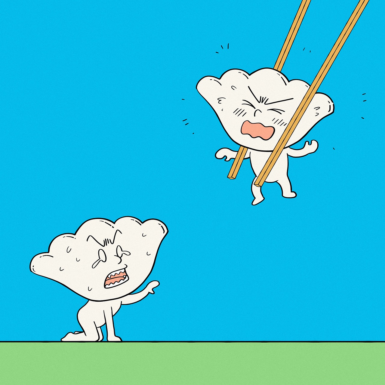 a cartoon character holding onto a pair of chopsticks, an illustration of, flickr, tremella - fuciformis, hanging rope, they are fighting very angry, dentist