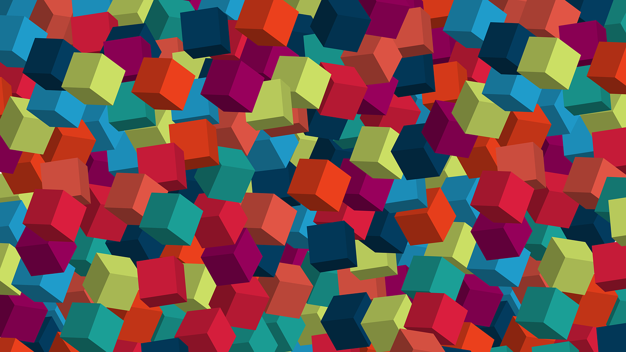 a bunch of colorful cubes sitting on top of each other, inspired by Gino Severini, abstract illusionism, colorful dark vector, bricks flying, tileable, low polygons illustration