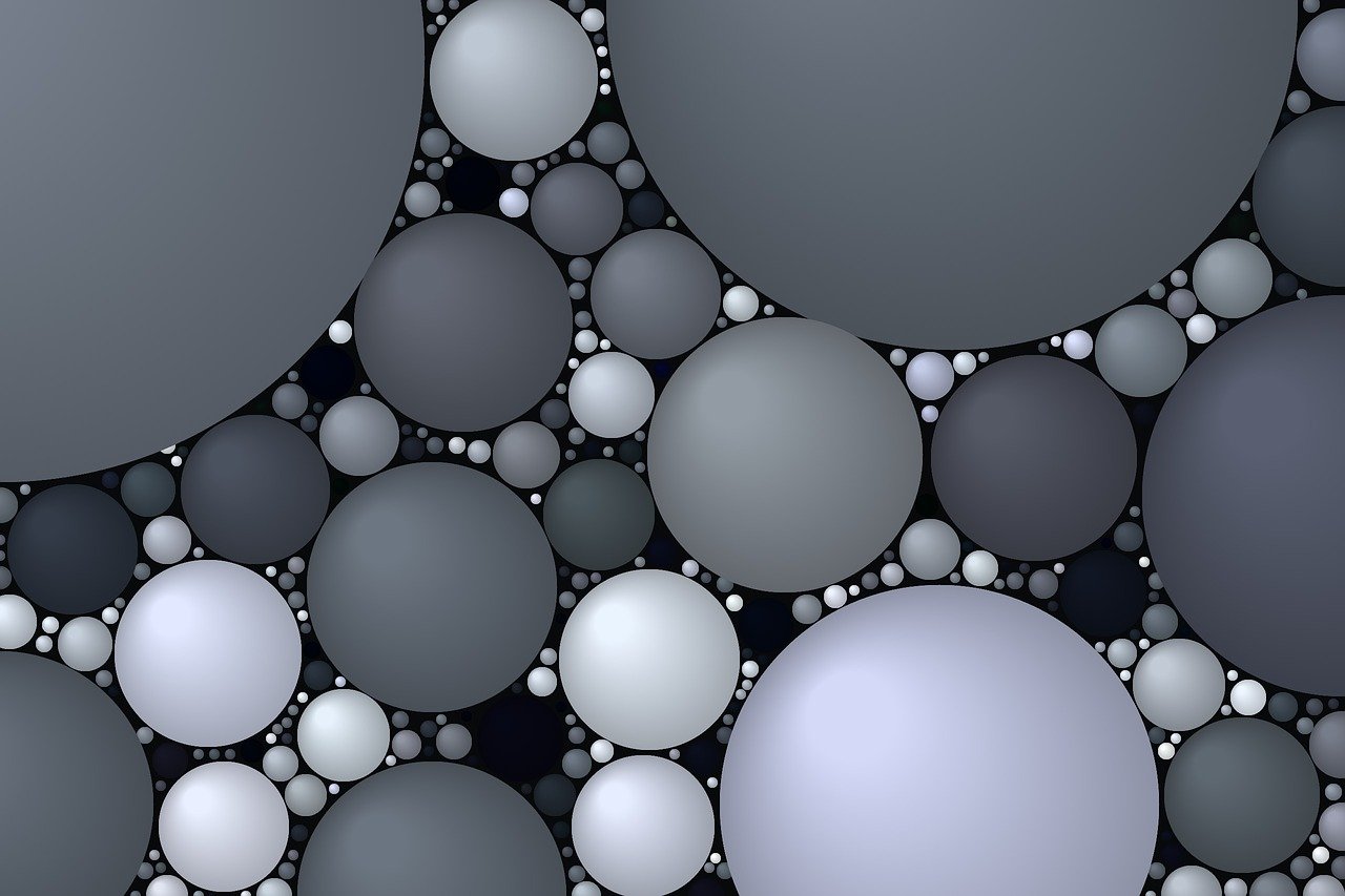 a bunch of gray and white circles on a black background, a digital rendering, deviantart, bubble background, silver and blue colors, smooth round rocks, multiverse!!!!!!