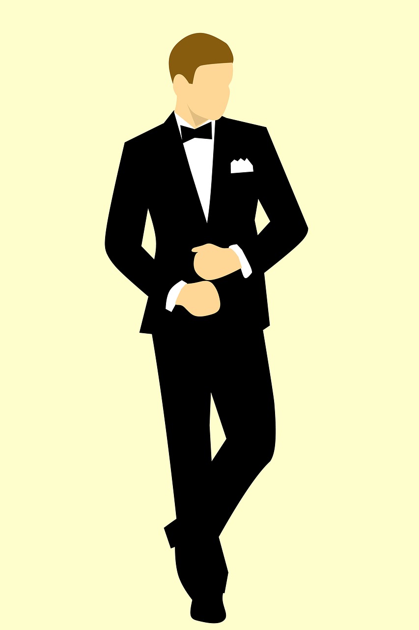 a man in a tuxedo with a bow tie, vector art, inspired by Slava Raškaj, trending on pixabay, dressed in a jodhpuri suit, wearing a cocktail dress, james bond, full body close-up shot