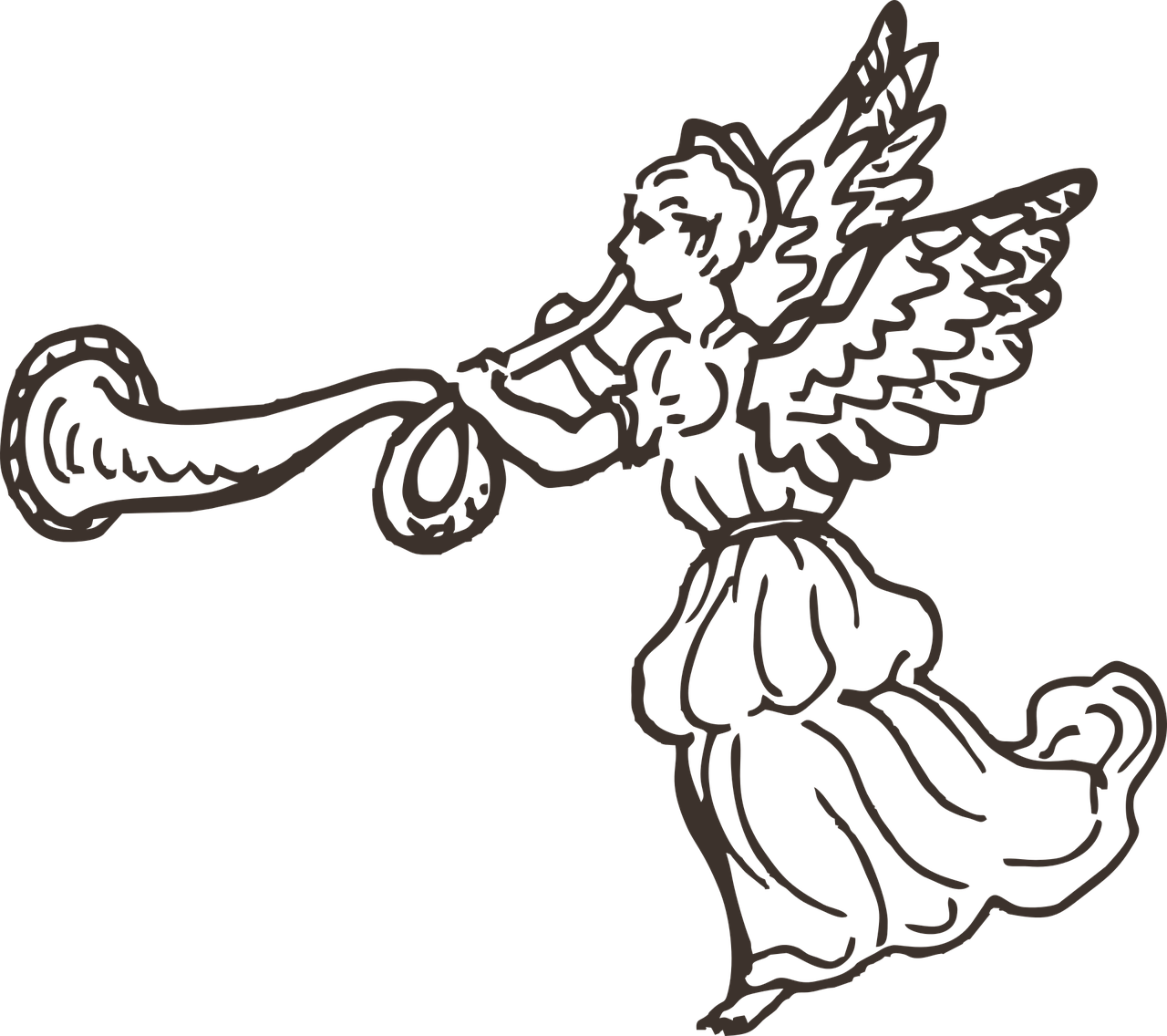 a drawing of an angel playing a trumpet, inspired by Ángel Botello, pexels, art nouveau, dark brown, ribbon, side view, black