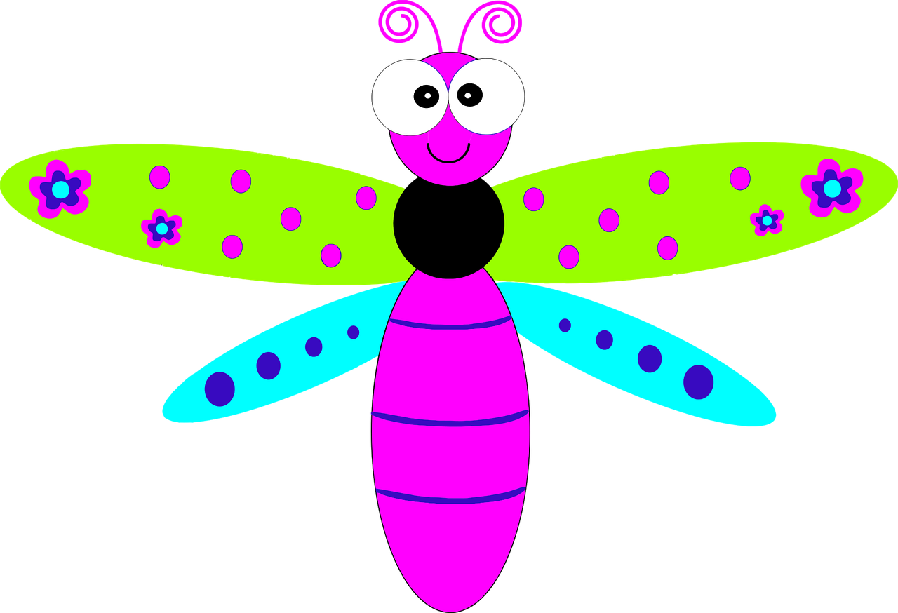 a cartoon dragonfly on a black background, a screenshot, in the colors hot pink and cyan, whimsical!!, link, kids