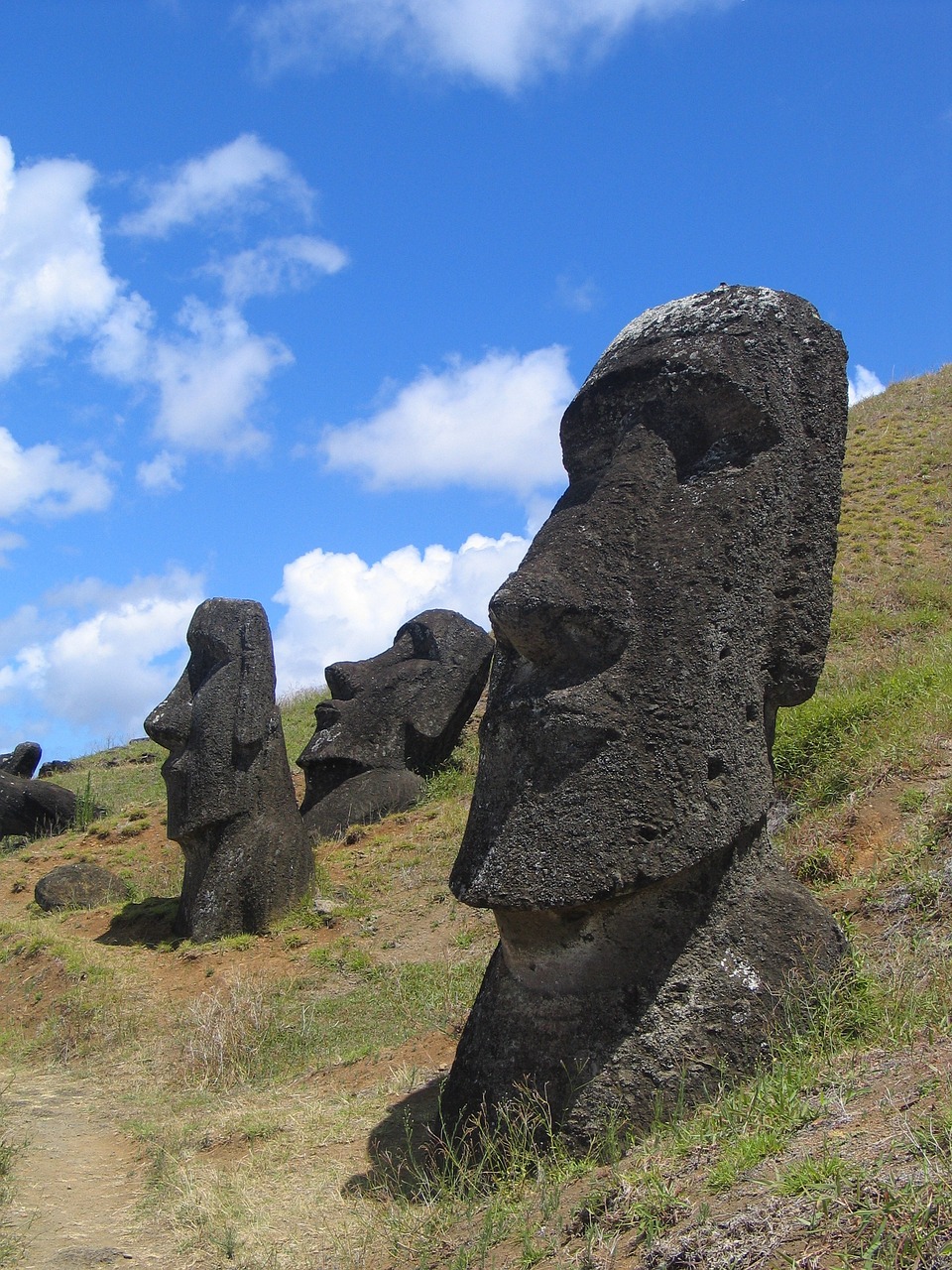 a group of statues sitting on top of a grass covered hillside, flickr, renaissance, polynesian god, three heads, angular face, gigantic woman head
