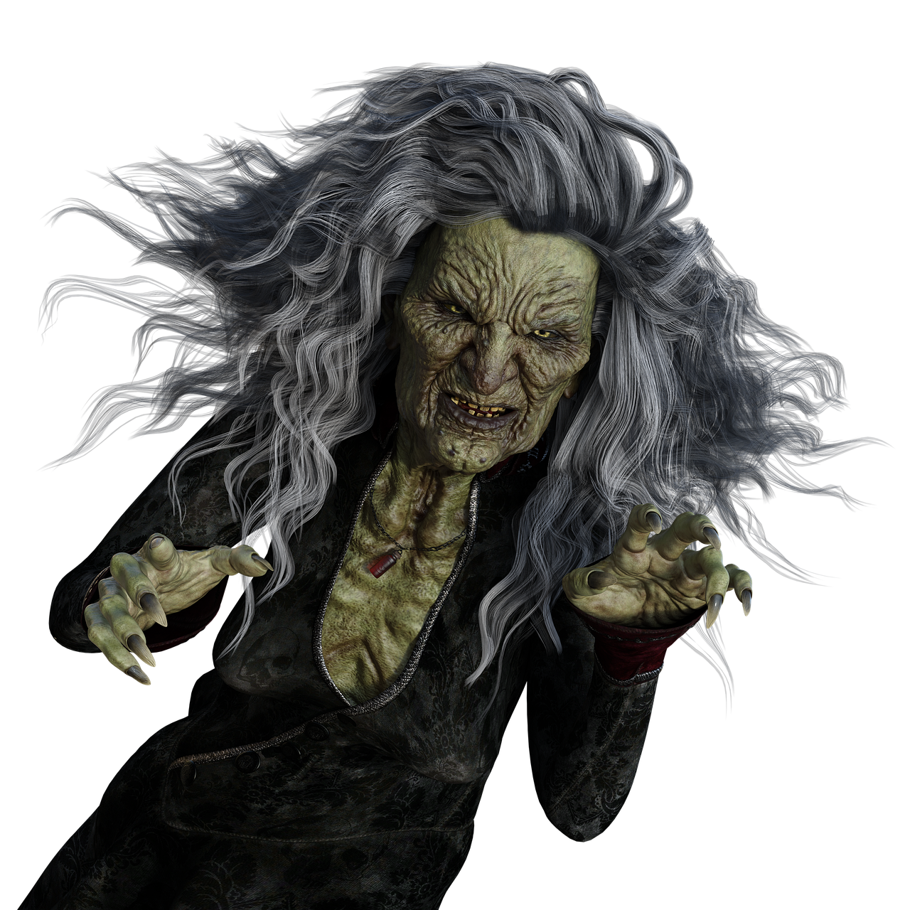 a close up of a person wearing a zombie costume, inspired by Samuel Hieronymus Grimm, digital art, old woman, dark sorceress fullbody pose, depicted as a 3 d render, beautiful witch with long hair