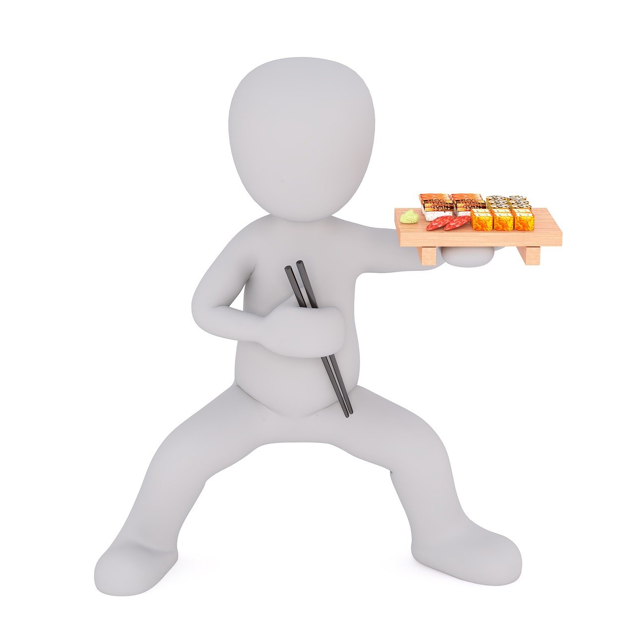 a man holding a tray of sushi and chopsticks, a picture, figuration libre, 3 d rendering, stick figures, fullbody photo, karate outfit