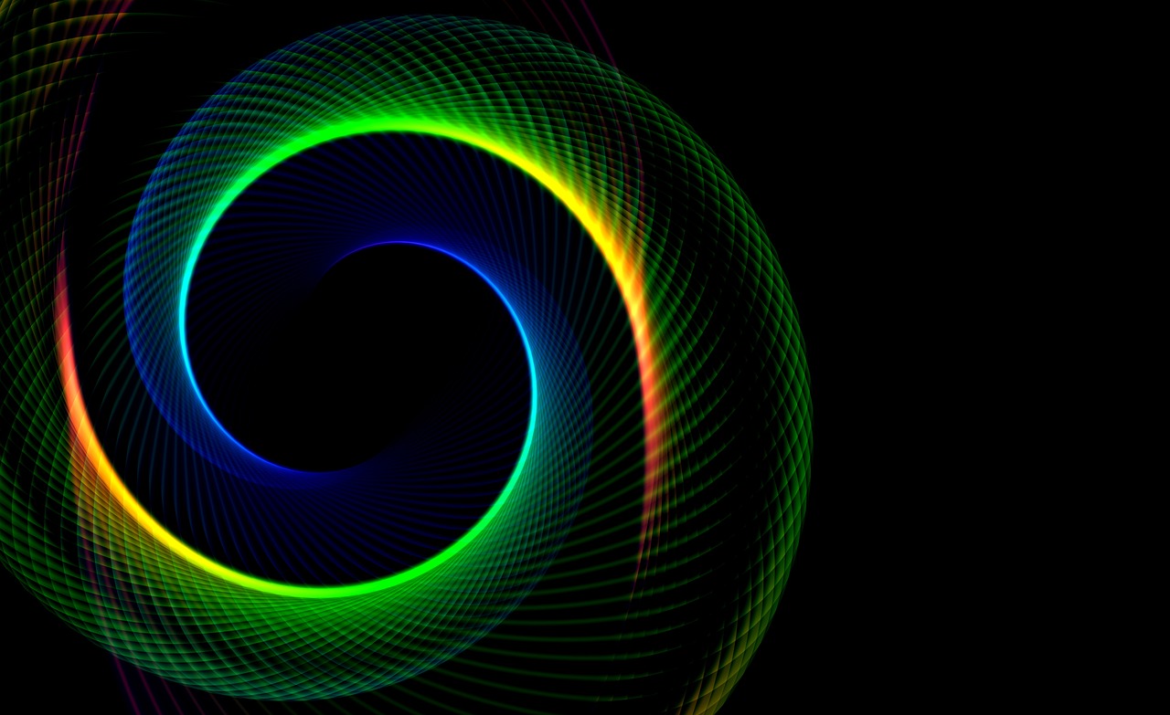 a close up of a colorful object on a black background, digital art, generative art, arcs, subtle multicolored light, smooth vector lines, music video