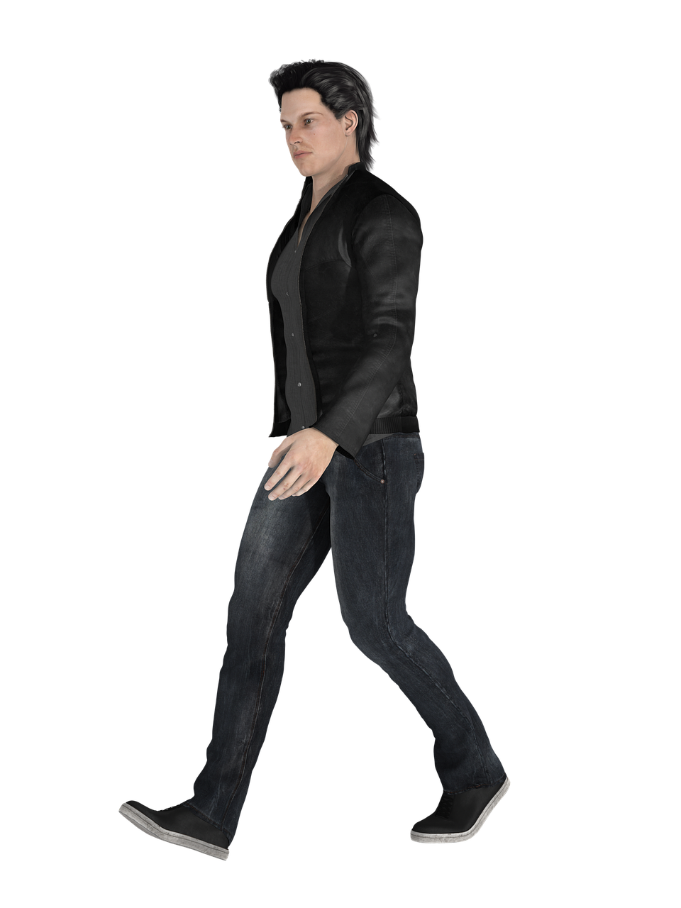 a man in a black jacket and jeans walking, a digital rendering, trending on polycount, she is dancing. realistic, tom cruise, lean man with light tan skin, with a black dark background