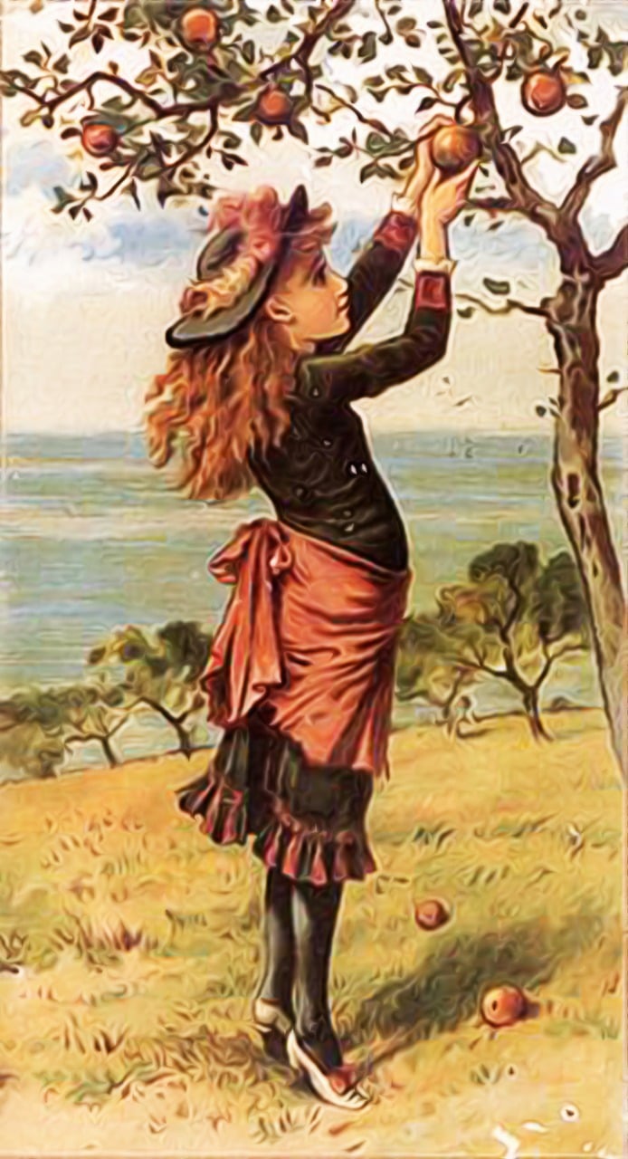 a painting of a woman picking apples from a tree, inspired by Jessie Newbery, hair fluttering in the wind, girl standing on cliff, steampunk era, catalog photo