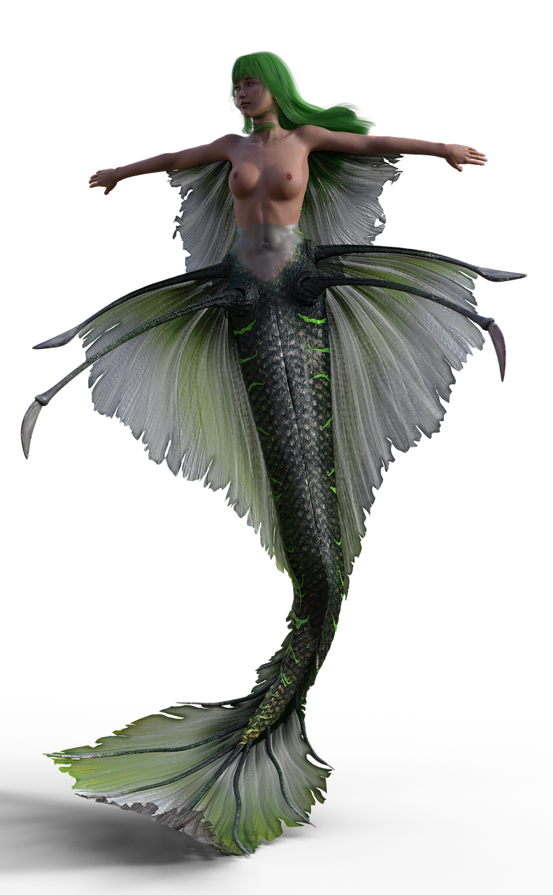 a 3d illustration of a mermaid with green hair, a raytraced image, by Alison Kinnaird, zbrush central contest winner, fantasy art, dark feathered wings, full body view, exotic fish, with a black background