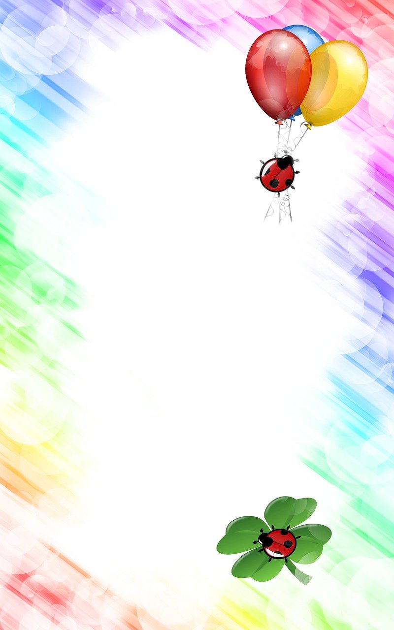 a picture of a ladybug and some balloons, a picture, by Hiromu Arakawa, color field, rainbow trail, stop frame animation, paper background, background white