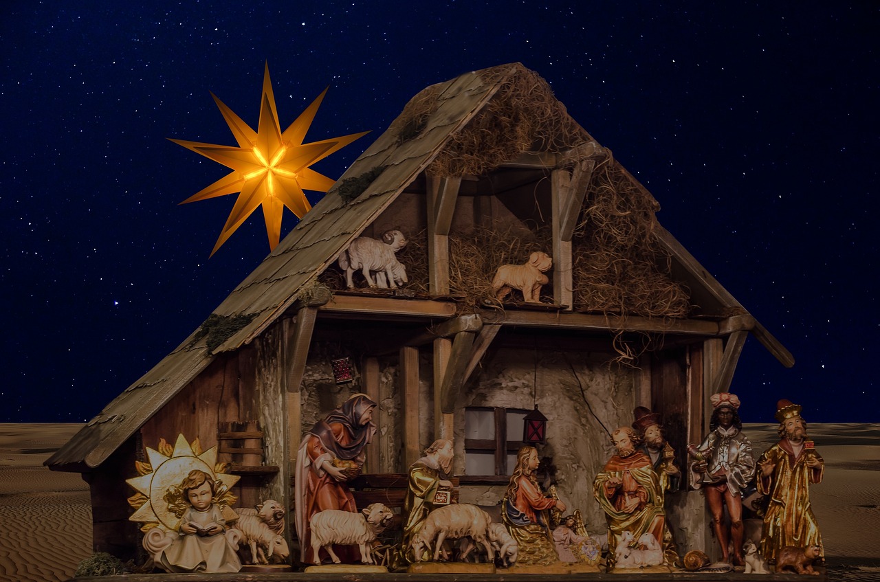 a nativity scene with a star in the sky, a digital rendering, inspired by Ludwig Knaus, pixabay, folk art, santa inside a rustic barn, detailed zoom photo, 💣 💥💣 💥, 17th-century