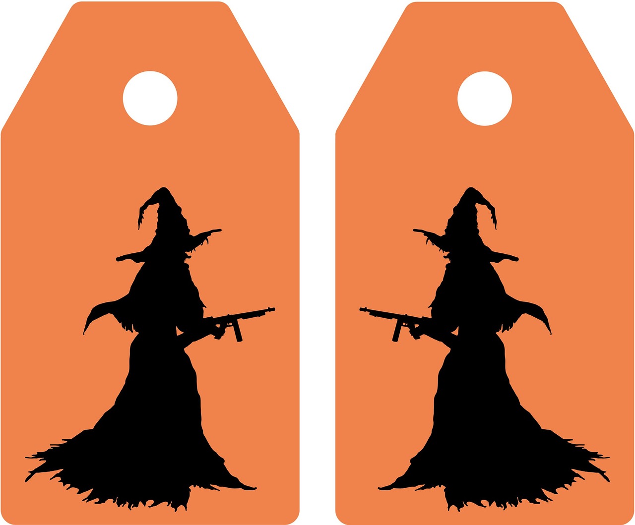 a pair of tags with a silhouette of a witch, full color, full front view, orange, guard