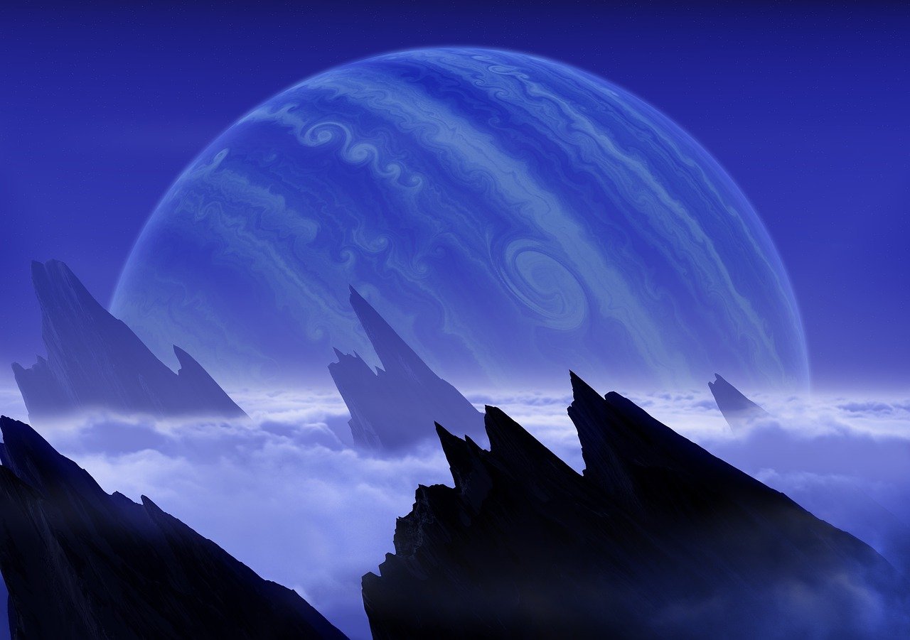 a group of mountains with a planet in the background, by Ken Danby, space art, swirling fog, blue fog, distant view, neptune