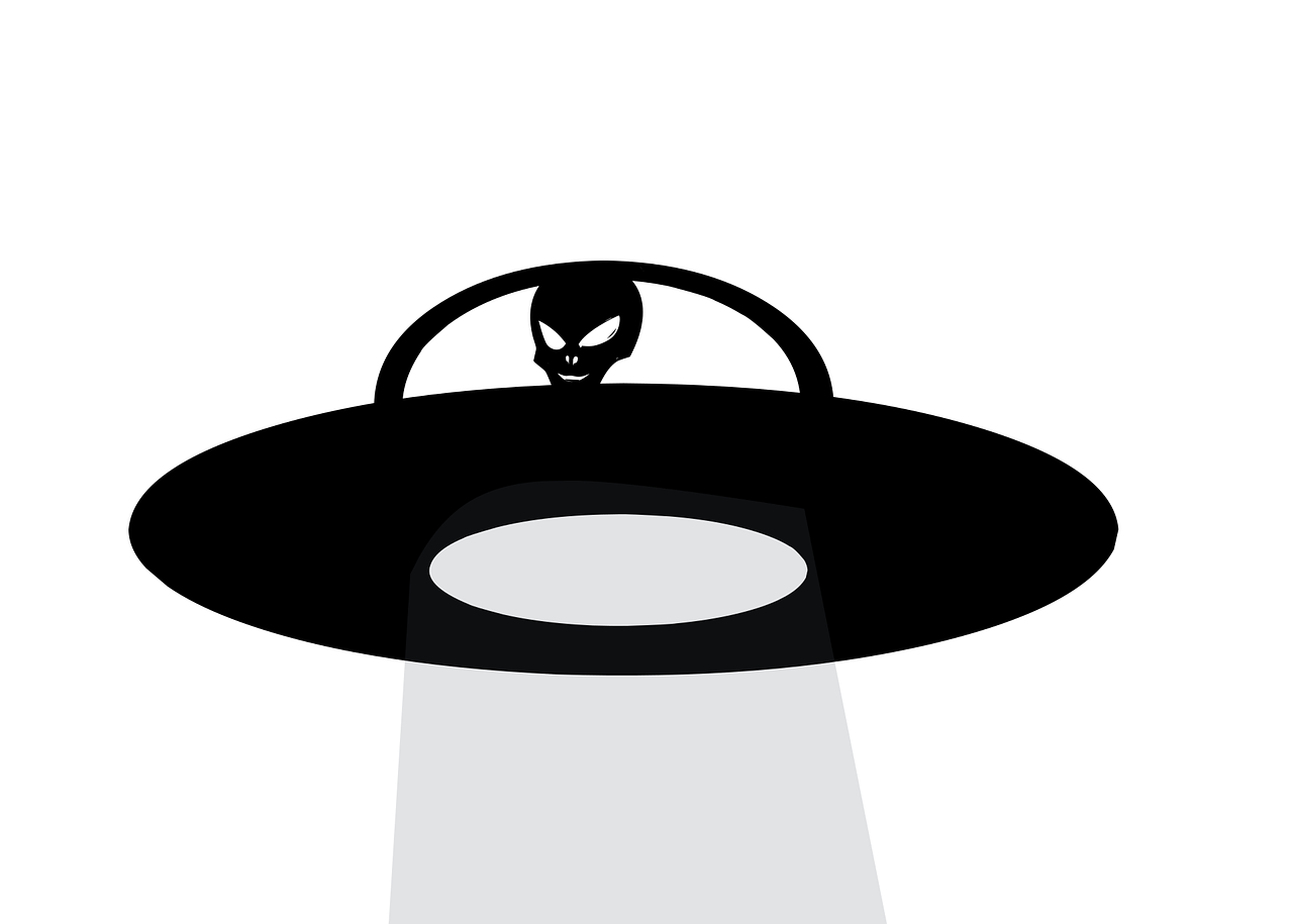 a black and white picture of an alien in a spaceship, a cartoon, inspired by Tex Avery, minimalism, black sun hat, search lights, black silhouette, metal halo