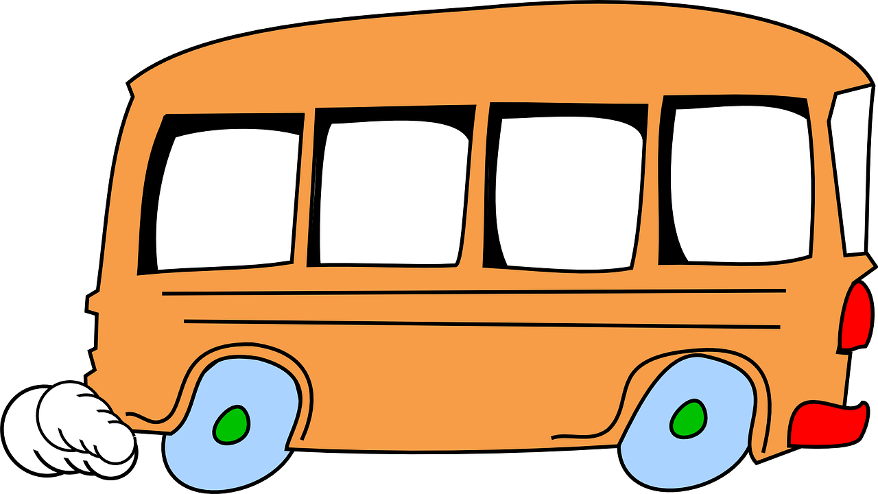 a cartoon school bus on a black background, pixabay, computer art, orange and blue color scheme, illustration black outlining, springtime, seventies