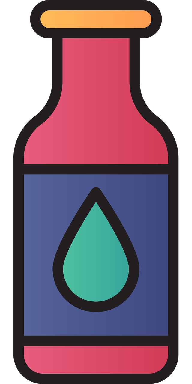 a bottle of liquid with a droplet on it, inspired by Aquirax Uno, pixabay, process art, coloring book outline, solid colors, magenta and crimson and cyan, rgba color