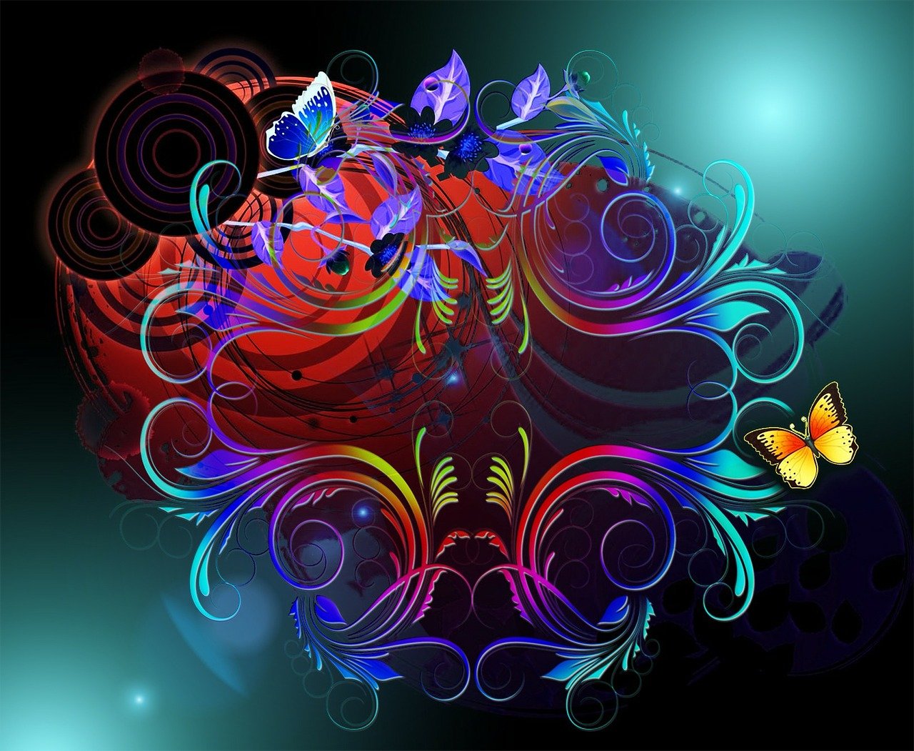 a close up of a flower with a butterfly on it, vector art, psychedelic art, beautiful colorful lights, dark flower pattern wallpaper, swirly vibrant lines, stunning screensaver