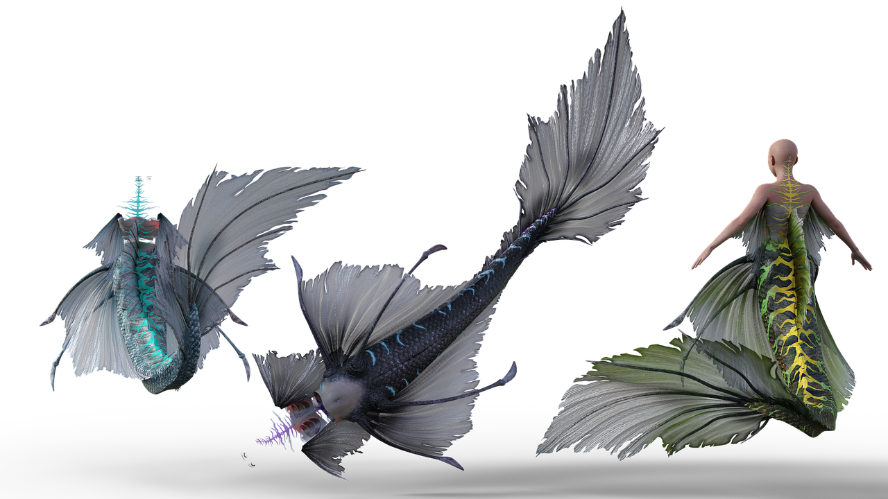 a couple of fish that are next to each other, concept art, by Maki Haku, zbrush central contest winner, from bravely default ii, betta fish, highly detailed textured 8k, fish tail