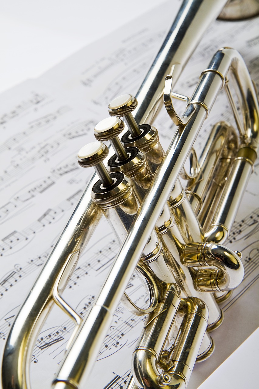 a trumpet sitting on top of a sheet of music, highly detailed product photo