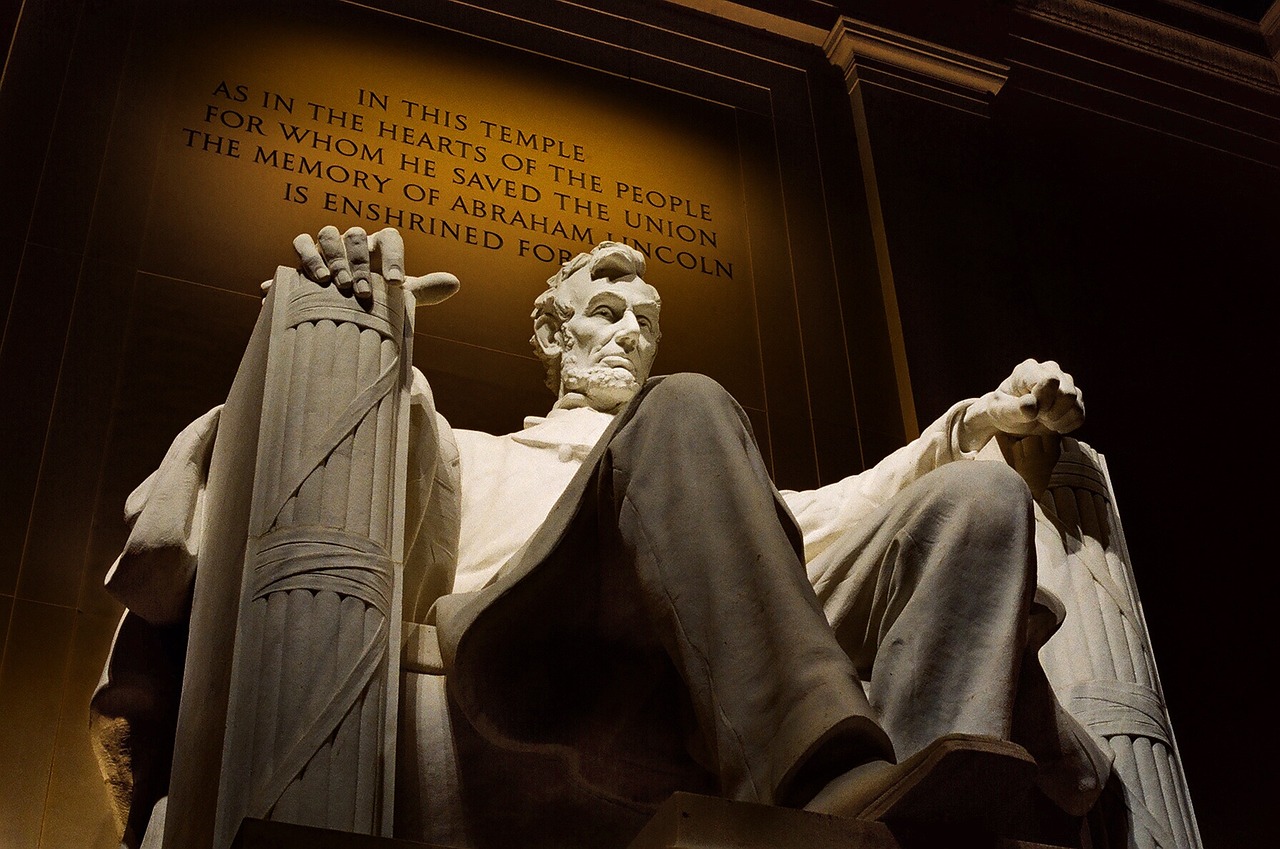 a statue of abraham lincoln at the lincoln memorial, by Scott M. Fischer, pexels, resting on his throne, photo taken at night, motivational, snapchat photo
