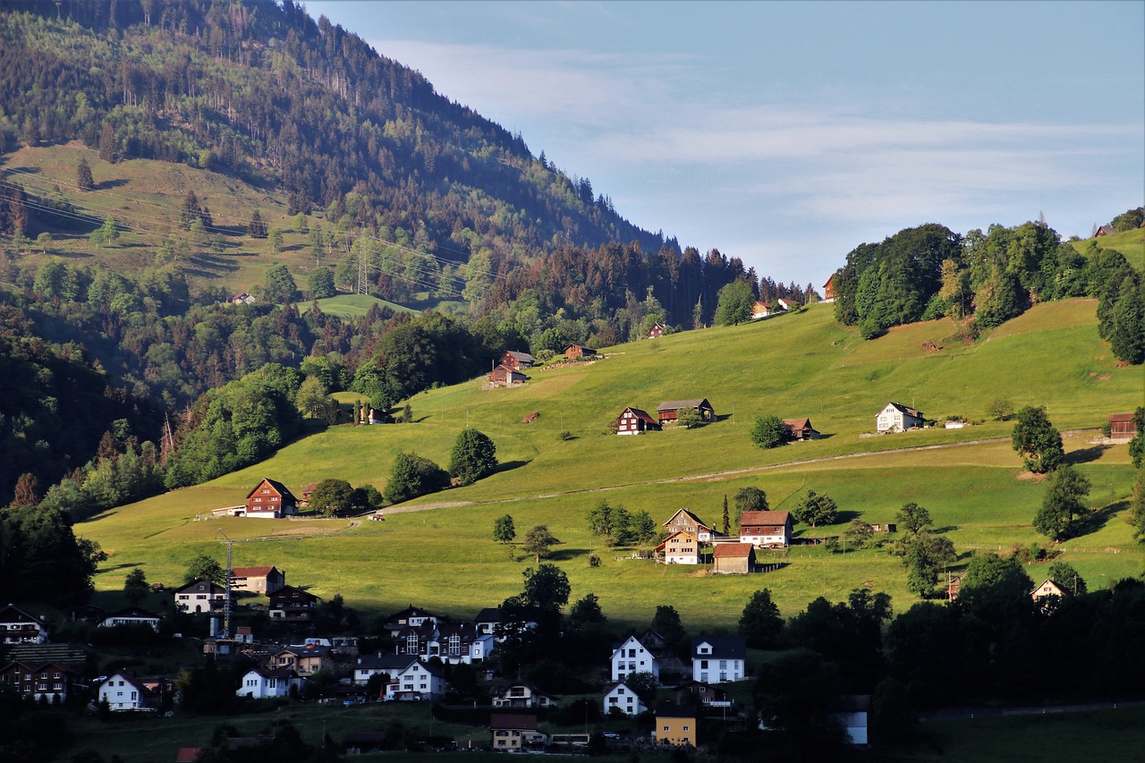 a group of houses sitting on top of a lush green hillside, by Karl Stauffer-Bern, flickr, late afternoon sun, wide view of a farm, ( visually stunning, beautiful small town