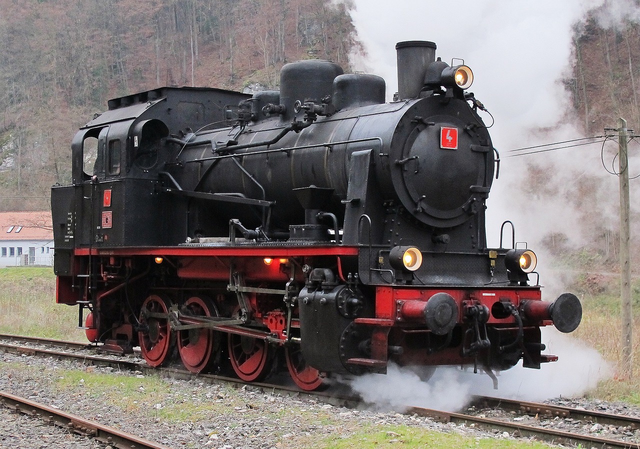 a black and red train traveling down train tracks, by Jörg Immendorff, steam engine, white steam on the side, zdislav beksinsk - h768, wikimedia