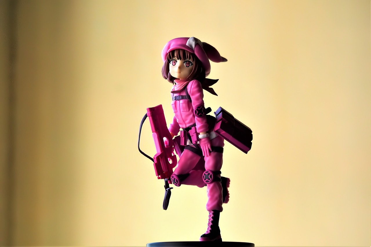 a close up of a toy figure on a table, inspired by Kawabata Ryūshi, flickr, maple story gun girl, magenta, military girl, high quality image