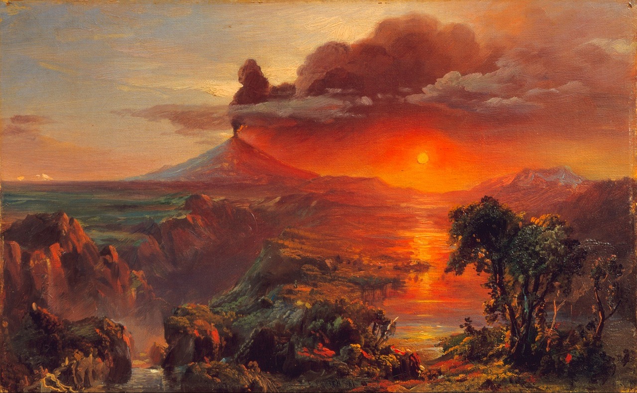 a painting of a sunset with a mountain in the background, a surrealist painting, by Frederic Church, romanticism, lava in the background, frazetta and vallejo, sad scene, at a volcano