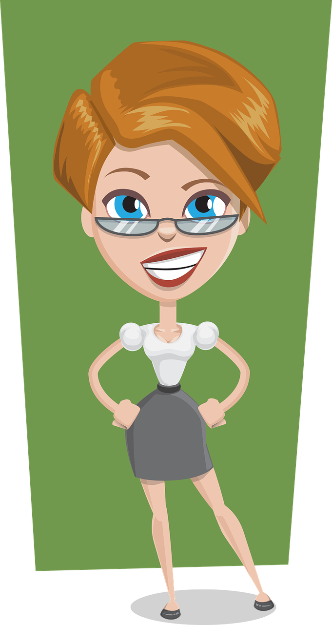 a woman in glasses standing with her hands on her hips, a cartoon, by Ella Guru, pixabay contest winner, female in office dress, friendly seductive smile, redhead girl, mom
