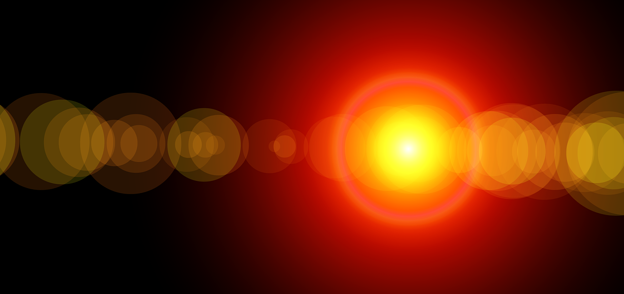 a red light shines brightly on a black background, a picture, digital art, bright yellow and red sun, lens flares, on simple background, summer setting