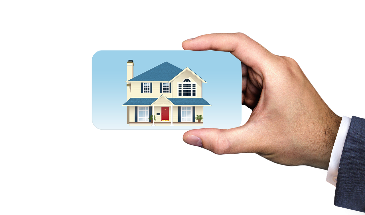 a hand holding a business card with a picture of a house, a digital rendering, by Paul Davis, shutterstock, realism, transparent, a brightly coloured, low resolution, various posed