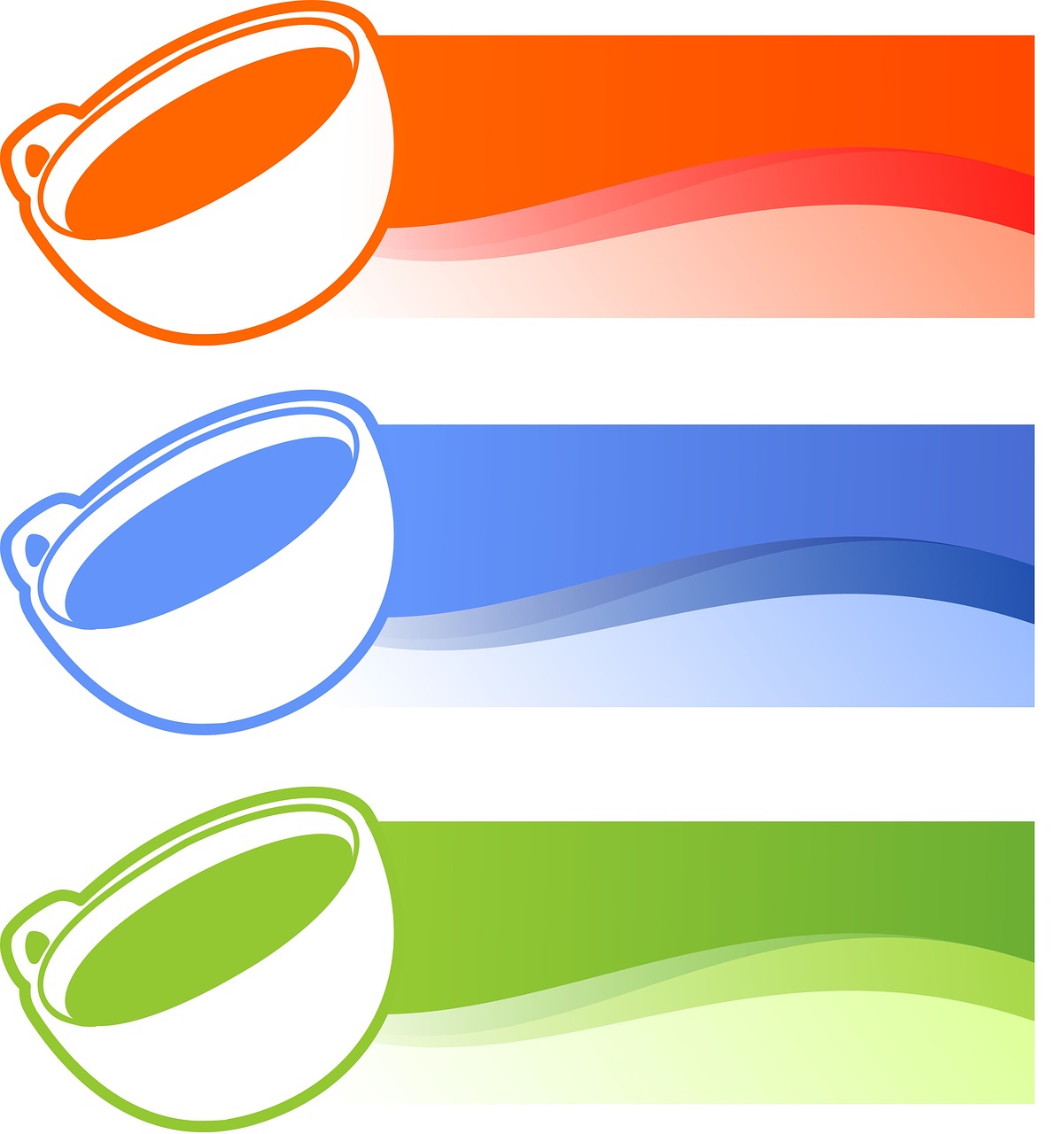 a set of three banners with coffee cups on them, inspired by Masamitsu Ōta, conceptual art, many color scheme, orange and blue color scheme, green and orange theme, portlet photo