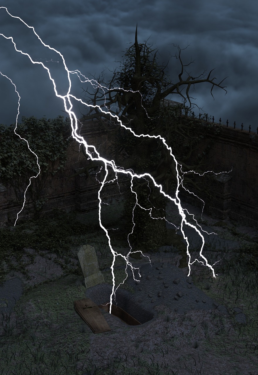 a lightning bolt coming out of a hole in the ground, a picture, by Paulus Decker, conceptual art, old cemetery, in game capture 3d render, thunders, at the graveyard at midnight