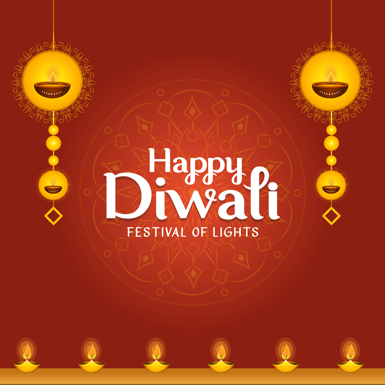 happy diwali festival of lights, digital art, detailed glowing red implants, poster illustration, yellow lights, half image