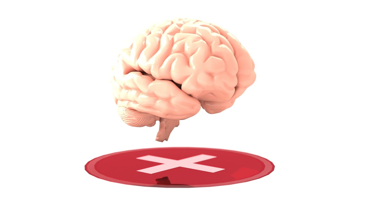 a white brain sitting on top of a red button, a digital rendering, excessivism, stop sign, helmet removed, alex kanevsky, no red colour