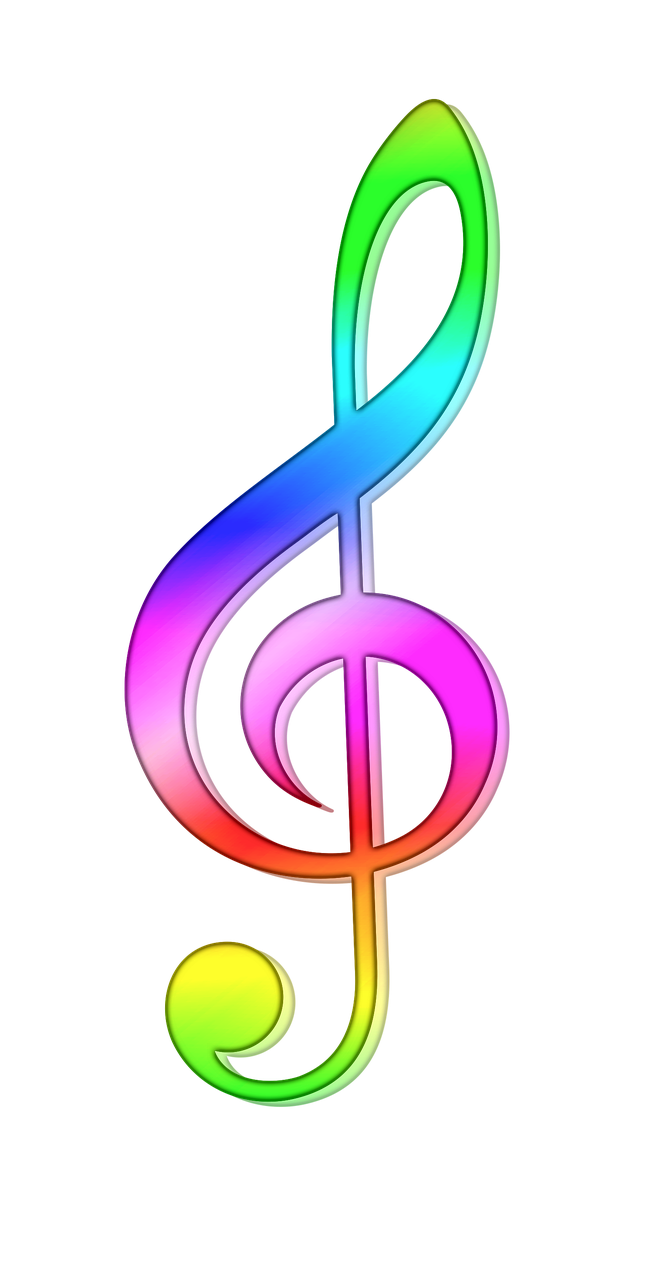 a rainbow colored treble on a black background, phone background, no gradients, beautiful!!!!!!!!!!!!, instrument