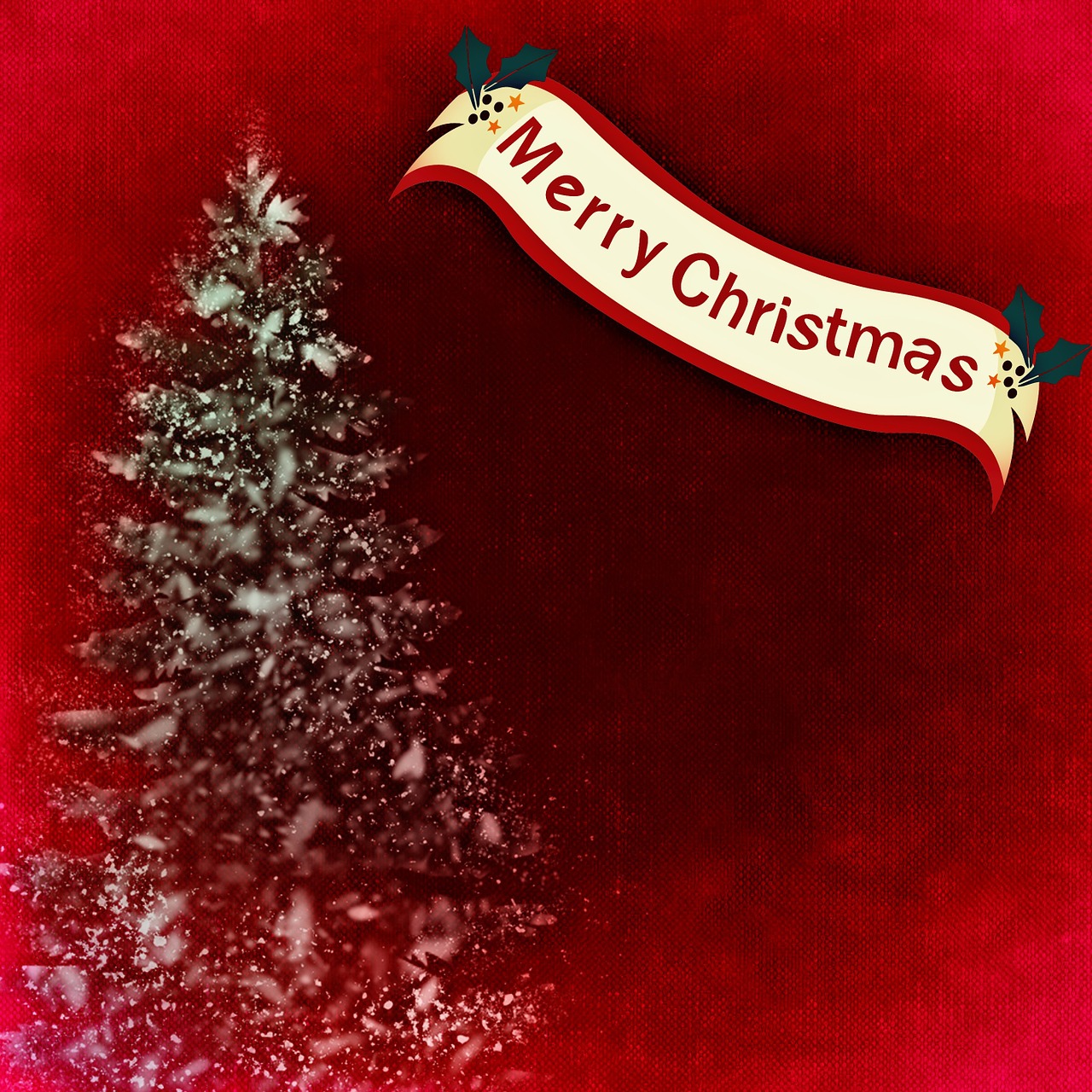 a picture of a christmas tree on a red background, a picture, inspired by Ernest William Christmas, shutterstock, conceptual art, textured parchment background, cloth banners, with text, high detail photo
