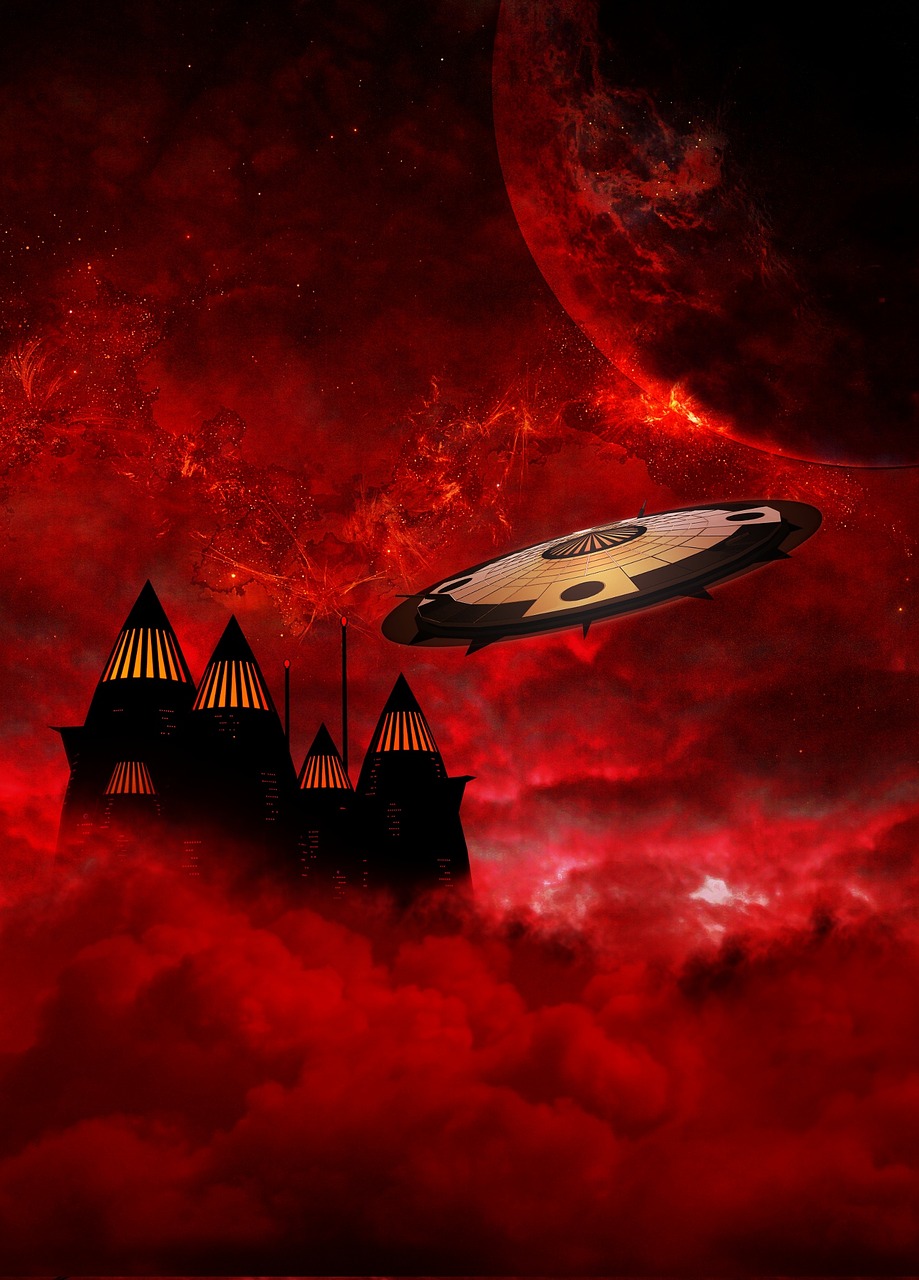 a spaceship flying over a castle in a red sky, inspired by Chesley Bonestell, surrealism, flying saucer, hell background, space quantum death. deep space, a picture of a klingon musical