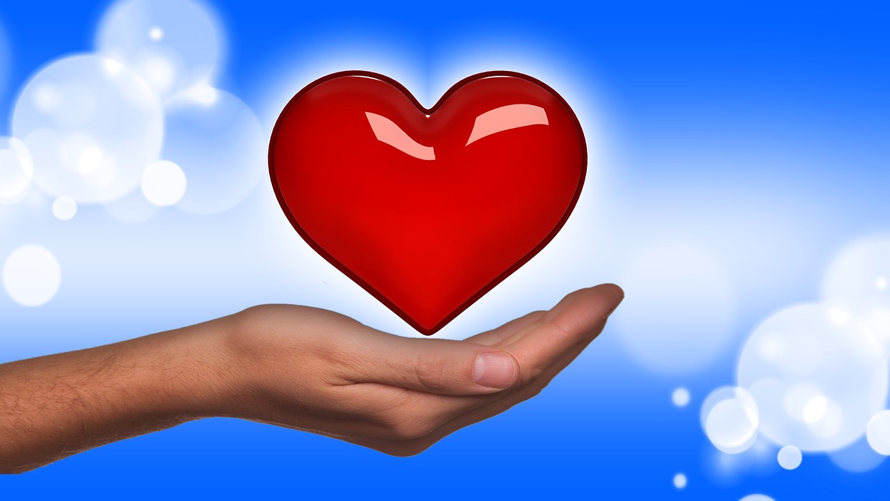 a person holding a red heart in their hand, a picture, with a blue background, avatar image, enhancements, grand!