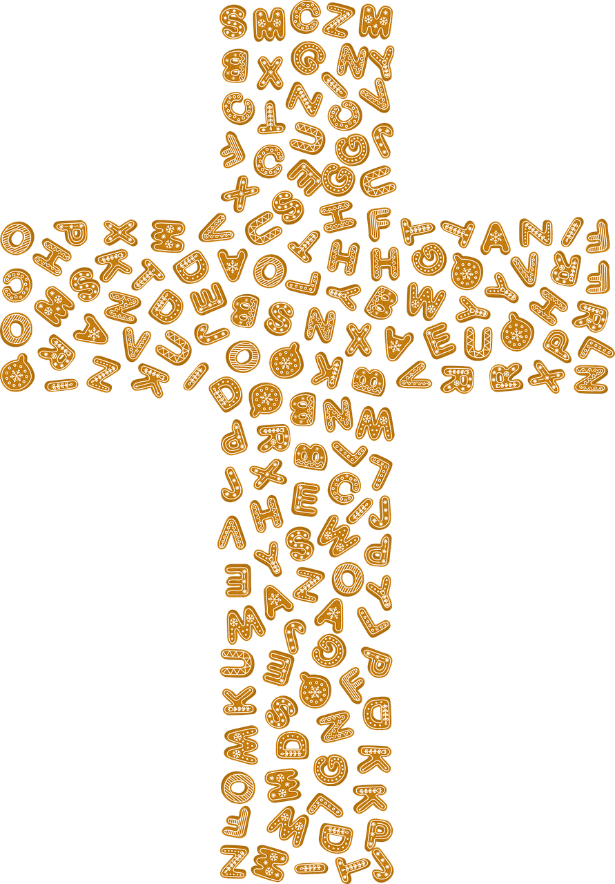 a cross made of letters on a black background, cheerios, bakery, many small details, created in adobe illustrator