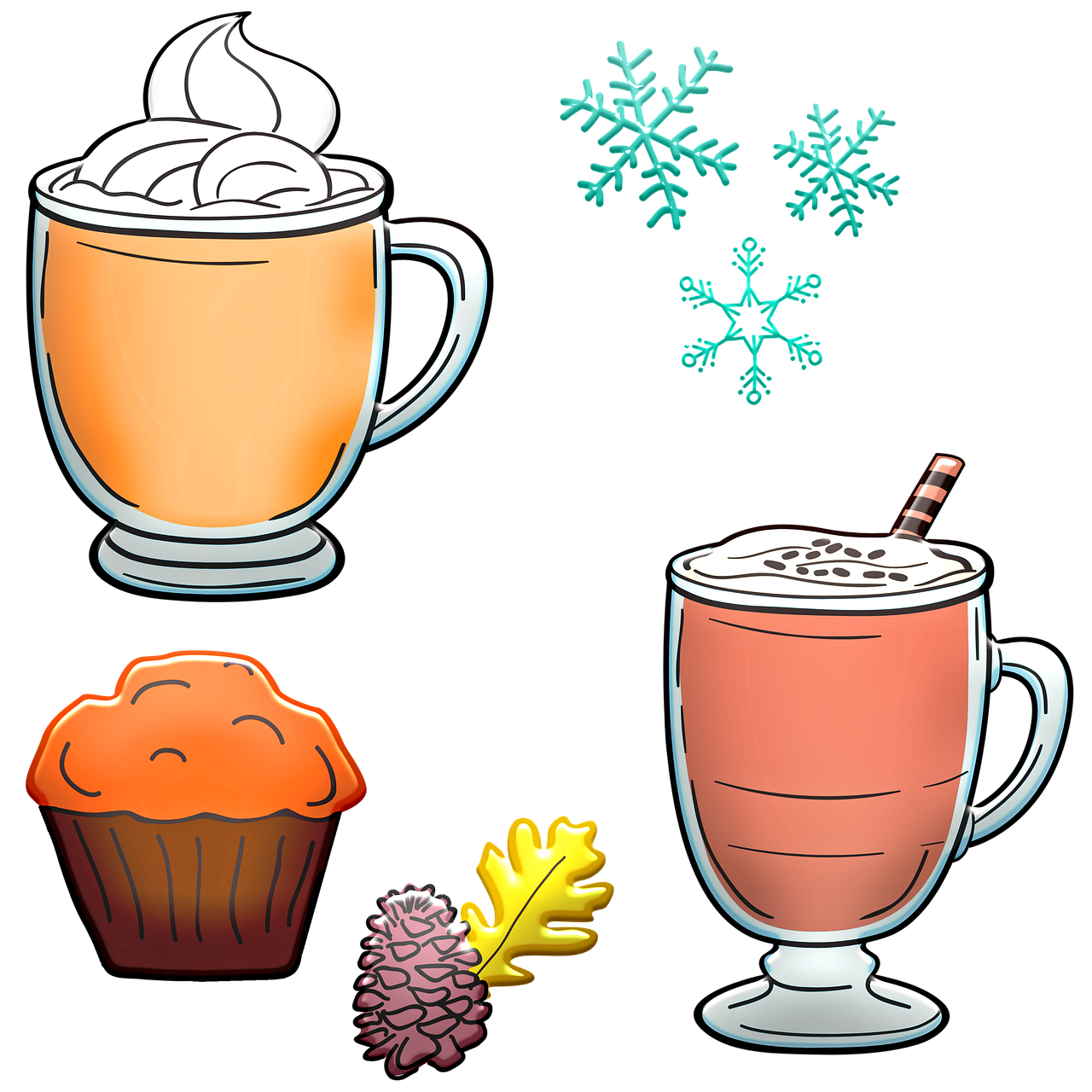 a cup of coffee, a muffin, and snowflakes, a digital rendering, naive art, spritesheet, pumpkin, high contrast illustration, drink milkshakes together