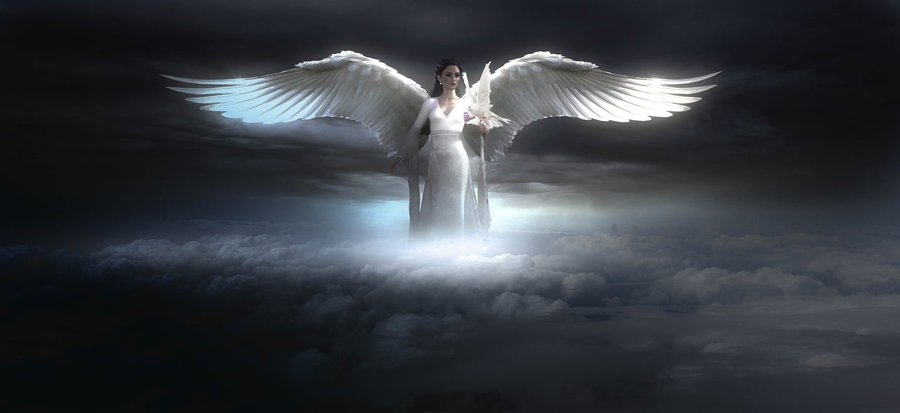 an angel standing on top of a cloud covered sky, pixabay contest winner, fantasy art, white light shining on her, portrait of the death angel, with two pairs of wings, i_5589.jpeg