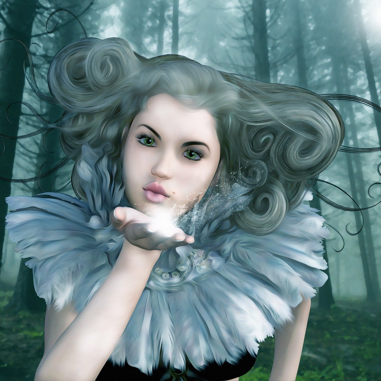 a digital painting of a woman in a forest, an airbrush painting, inspired by Nene Thomas, fantasy art, white feathers, fleshy creature above her mouth, romantic storybook fantasy, mime